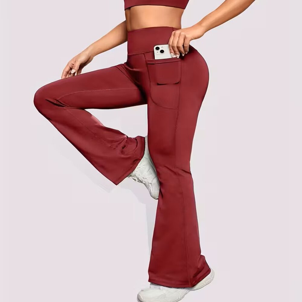 High-Waist Flared Leggings with Side Pocket - Burgundy